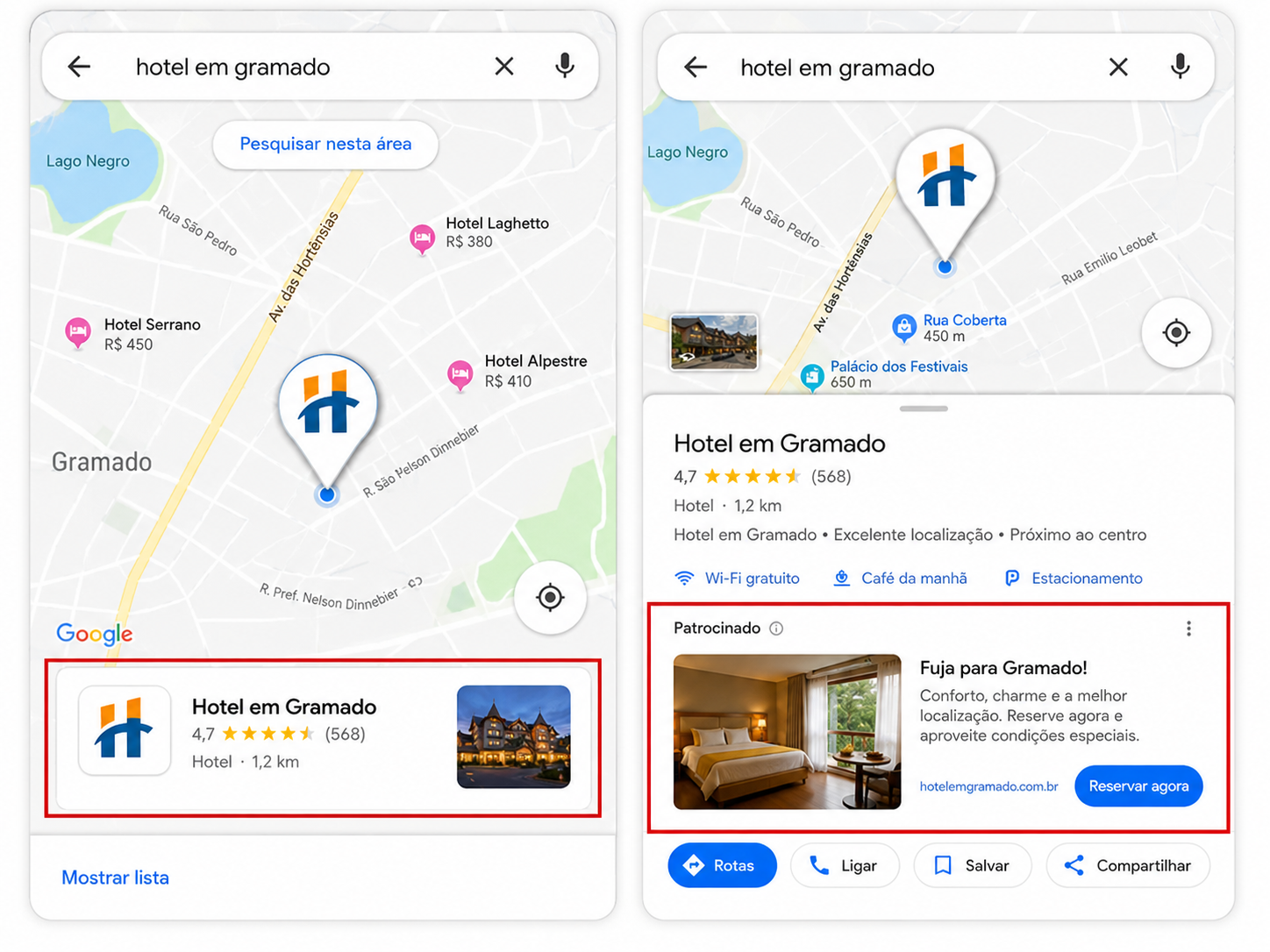Google Maps mostrando hotéis no mapa e uma propriedade patrocinada em destaque