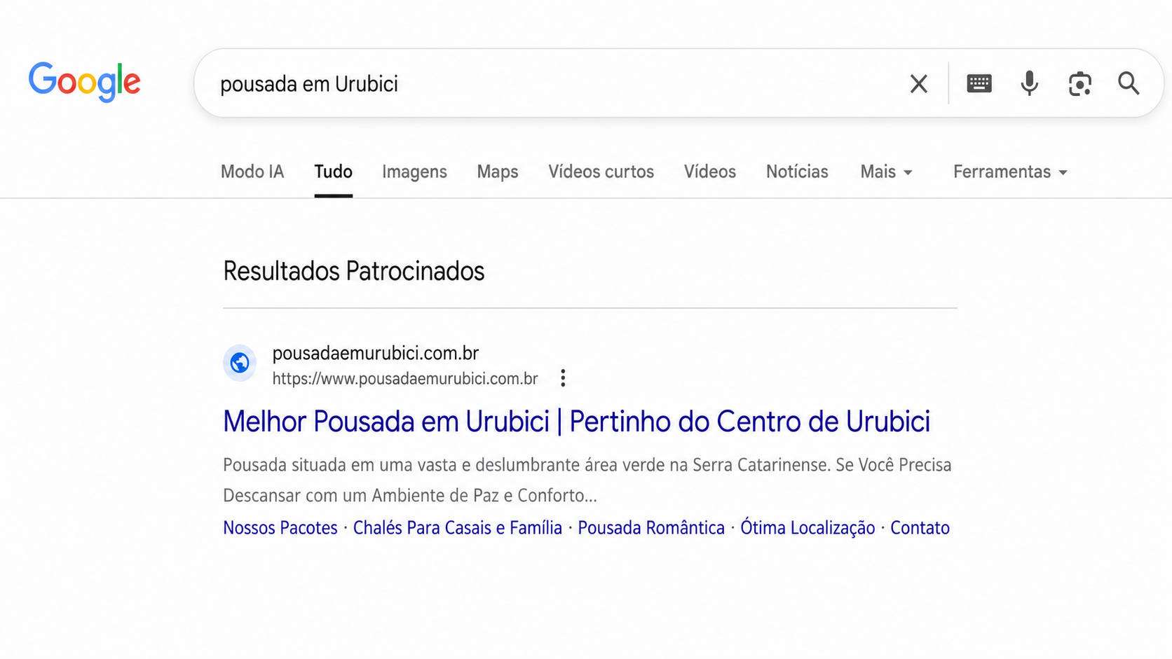 pesquisa realista no Google por “pousada em Urubici”, destacando um hotel identificado como Patrocinado