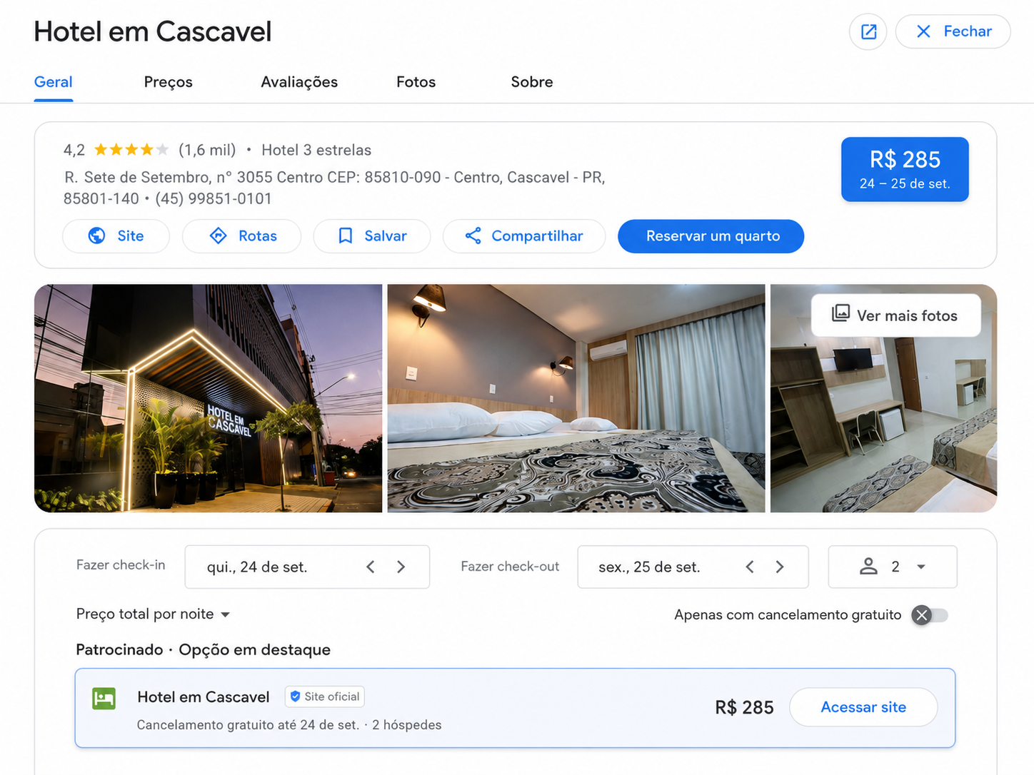reprodução realista do Google Hotéis mostrando uma propriedade, preços e diferentes opções para reserva
