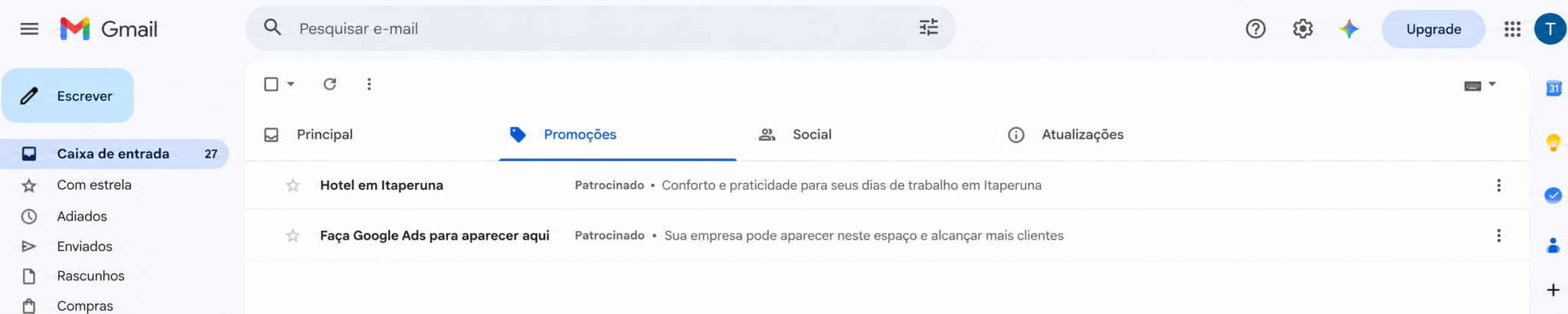 caixa de entrada do Gmail com anúncio de hospedagem integrado à interface