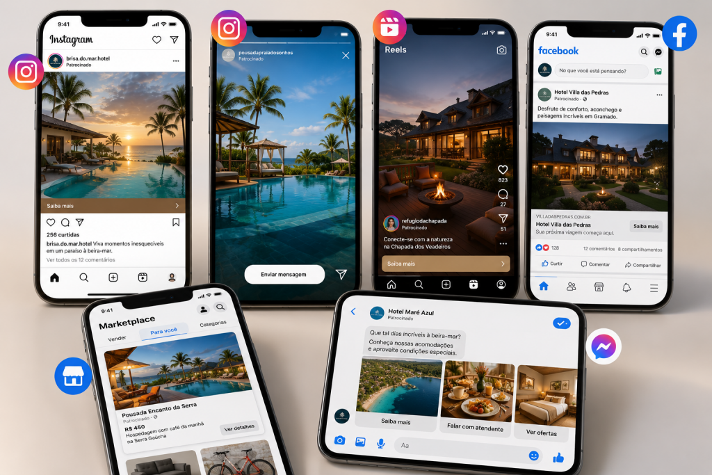 onde e como o anúncio de pousada e hotel aparece no Instagram e Facebook